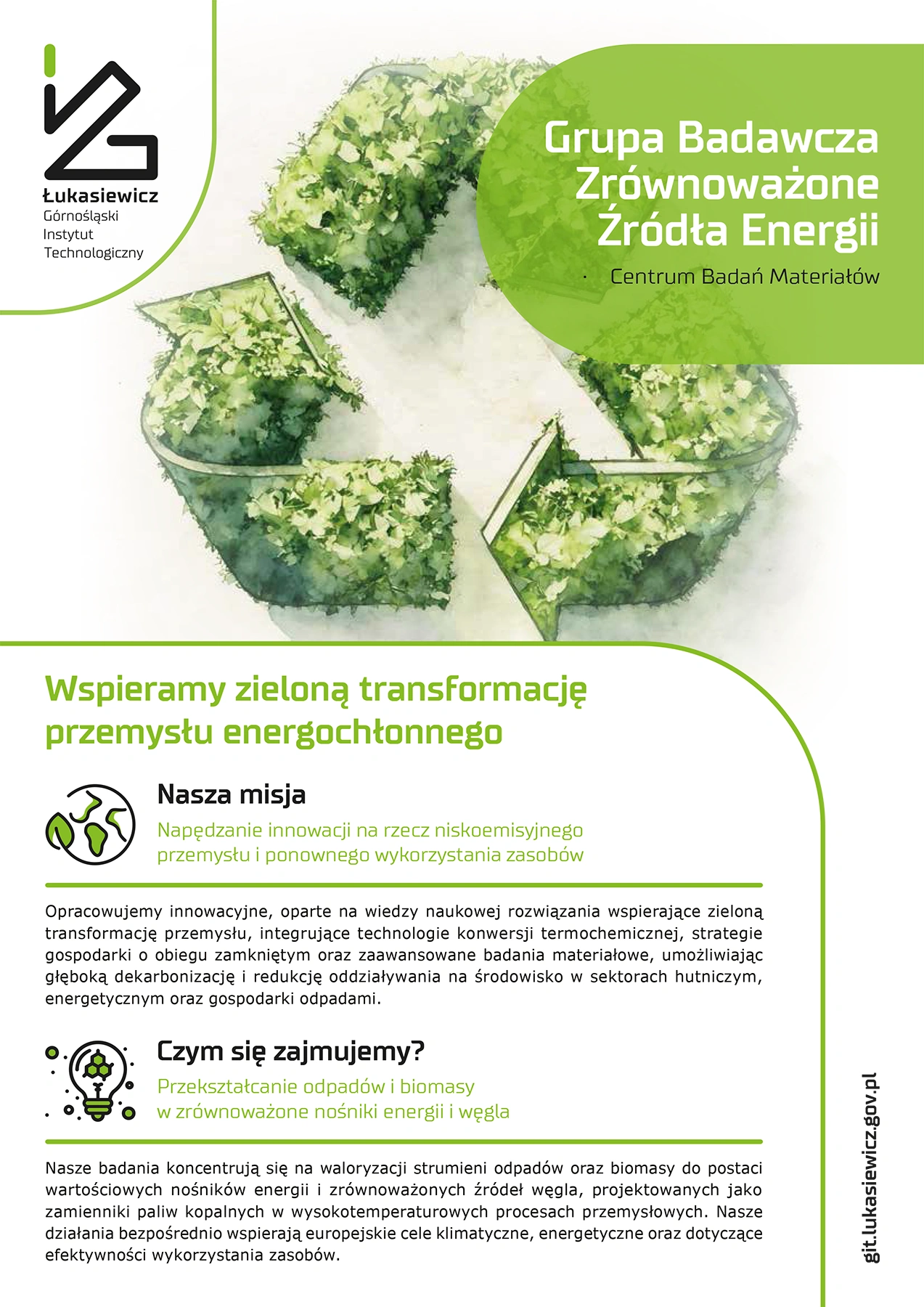 ulotka: Grupa Badawcza Zrównoważone Źródła Energii - Centrum Badań Materiałów