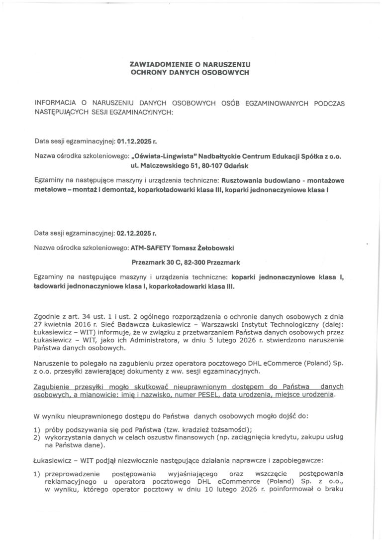 Zawiadomienie o naruszeniu ochrony danych osobowych