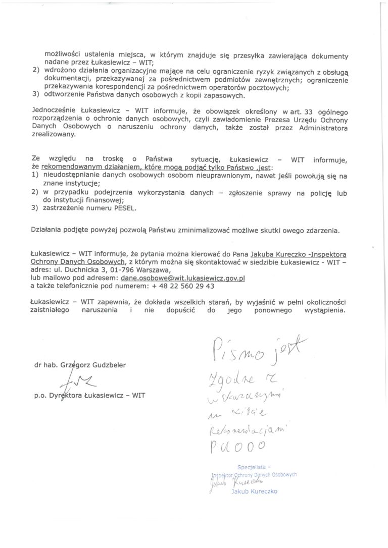 Zawiadomienie o naruszeniu ochrony danych osobowych