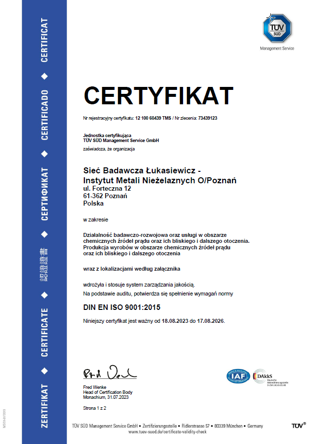 Certyfikat akredytacji ISO