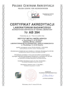 certyfikat nadany przez PCA nr AB 394 z 2022 r.