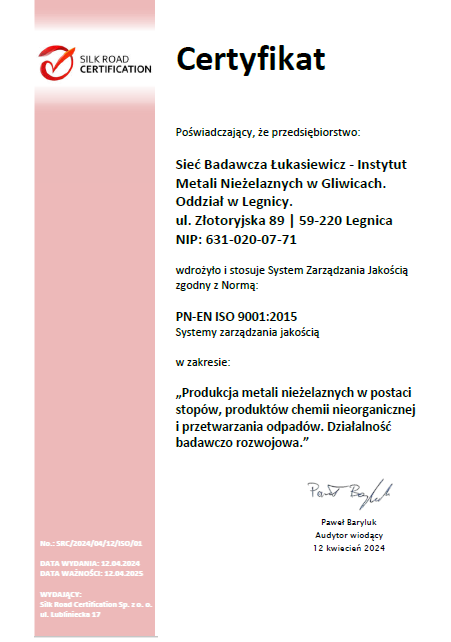 Certyfikat potwierdzający wdrożenie normy ISO do zarządzania przedsiębiorstwem
