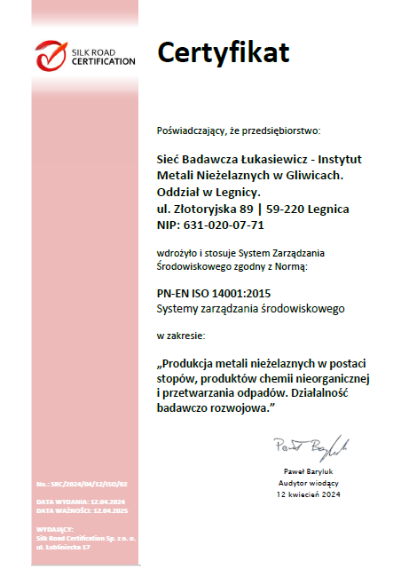 Certyfikat potwierdzający wdrożenie normy środowiskowej do zarządzania przedsiębiorstwem