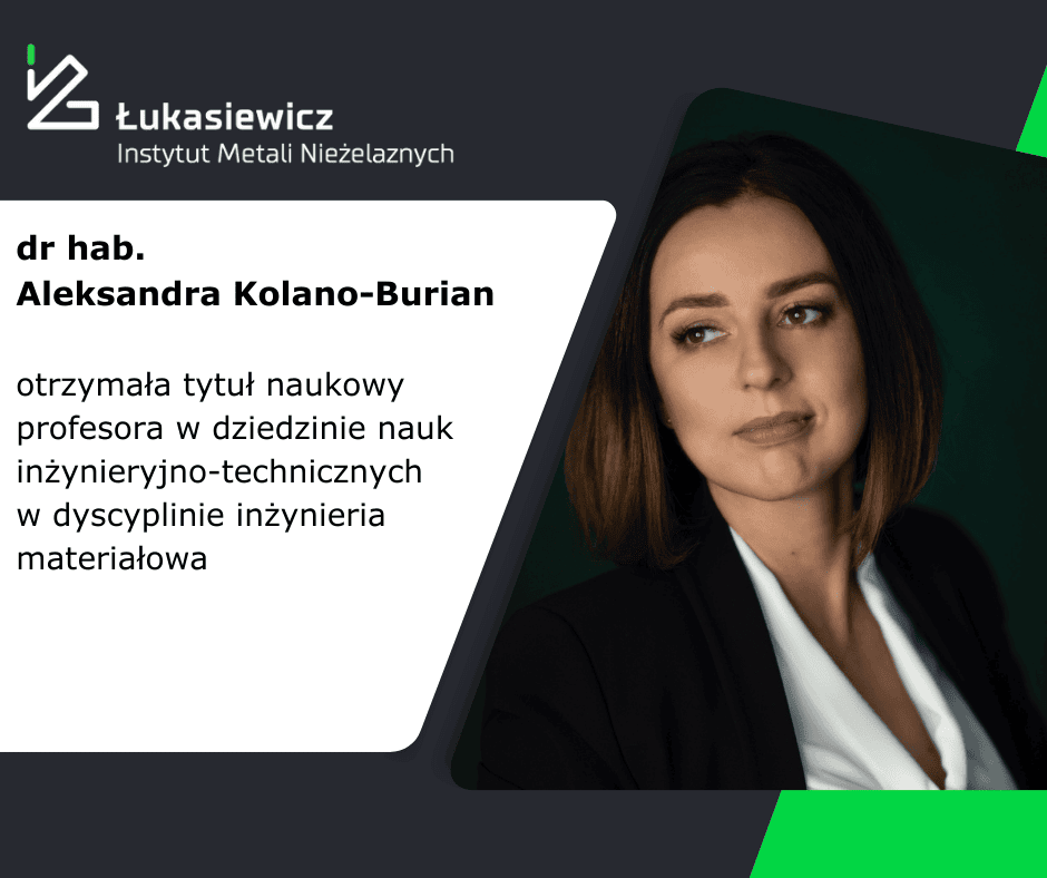 Zdjęcie plus informacja, że dr hab. Aleksandra Kolano-Burian otrzymała tytuł naukowy profesora w dziedzinie nauk inżynieryjno-technicznych