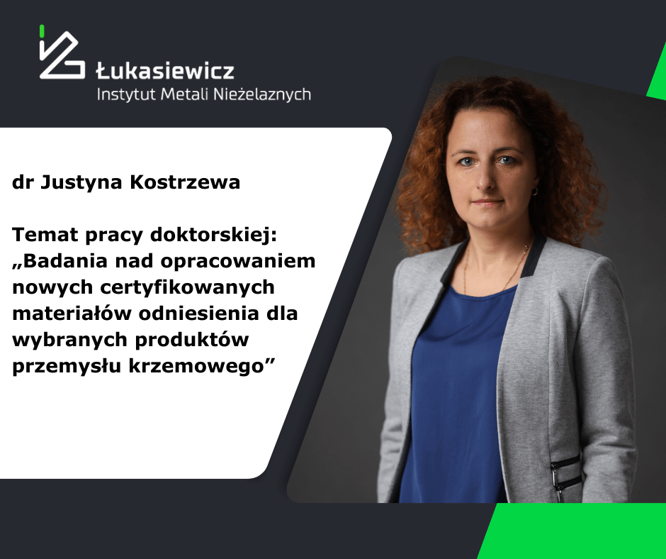 Logo instytutu, tytuł pracy doktorskiej, zdjęcie Justyny Kostrzewy