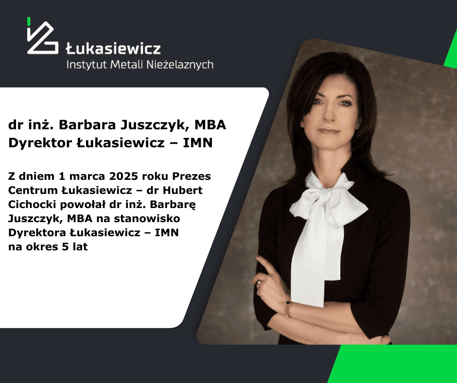Logo instytutu, informacja o kolejnej kadencji nas stanowisku dyrektora Łukasiewicz - IMN, zdjęcie Barbary Juszczyk