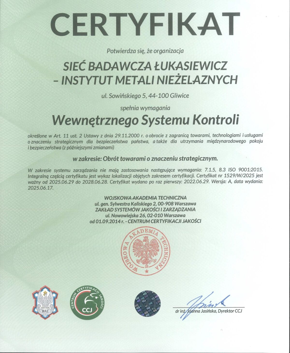 Certyfikat Wewnętrznego Systemu Kontroli