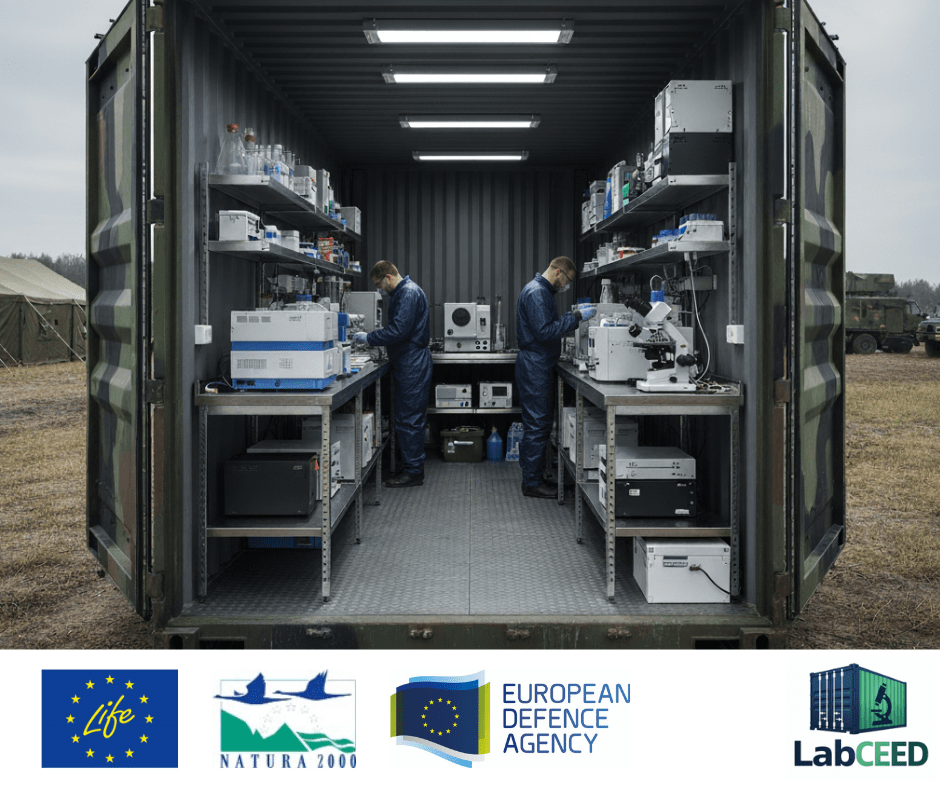 Laboratorium polowe, logotypy programu LIFE, EDA, Natura 2000, Logo projektu LabCEED