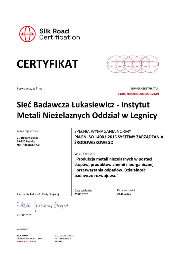 Certyfikat IMN 14001 z 2025 r.
