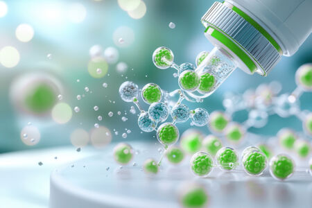 A visually captivating AI powered drug discovery lab scene with molecules and microscope, showcasing innovation in pharmaceutical research