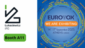 Logo EUROTOX 2025 i logo Ł-IPO z numerem stoiska