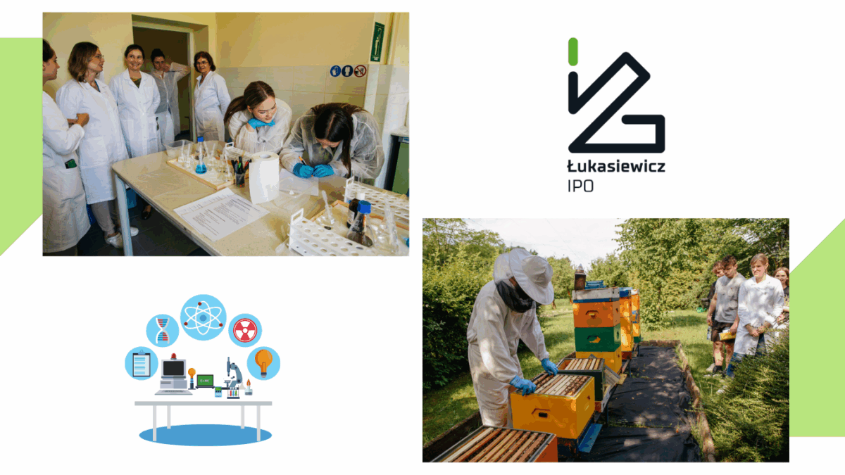 Zdjęcia przedstawiające uczni w laboratorium i pasiece na biało zielonym tle z logo firmowym