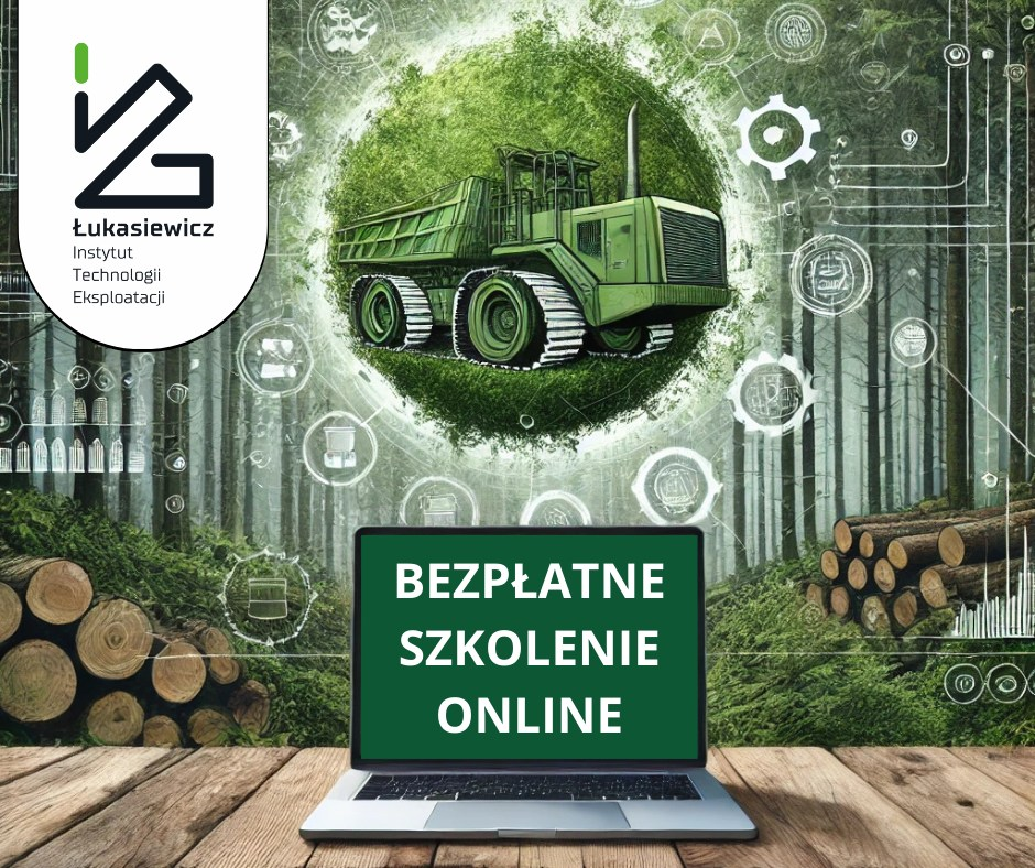 Bezpłatne szkolenie online Łukasiewicz–ITEE; laptop na tle lasu, maszyny leśnej i ikon technologii.