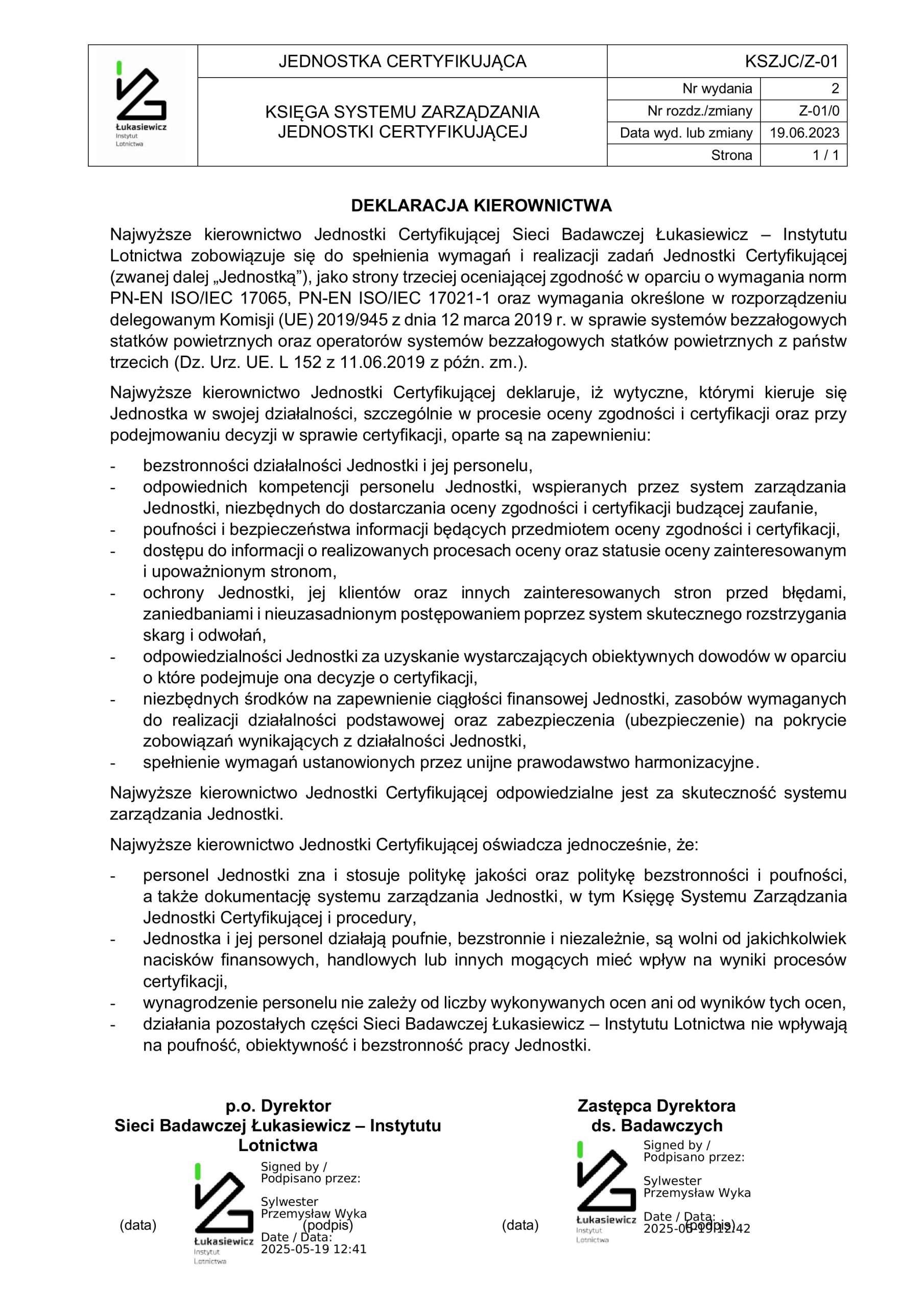 Polityka bezstronności i poufności - deklaracja kierownictwa