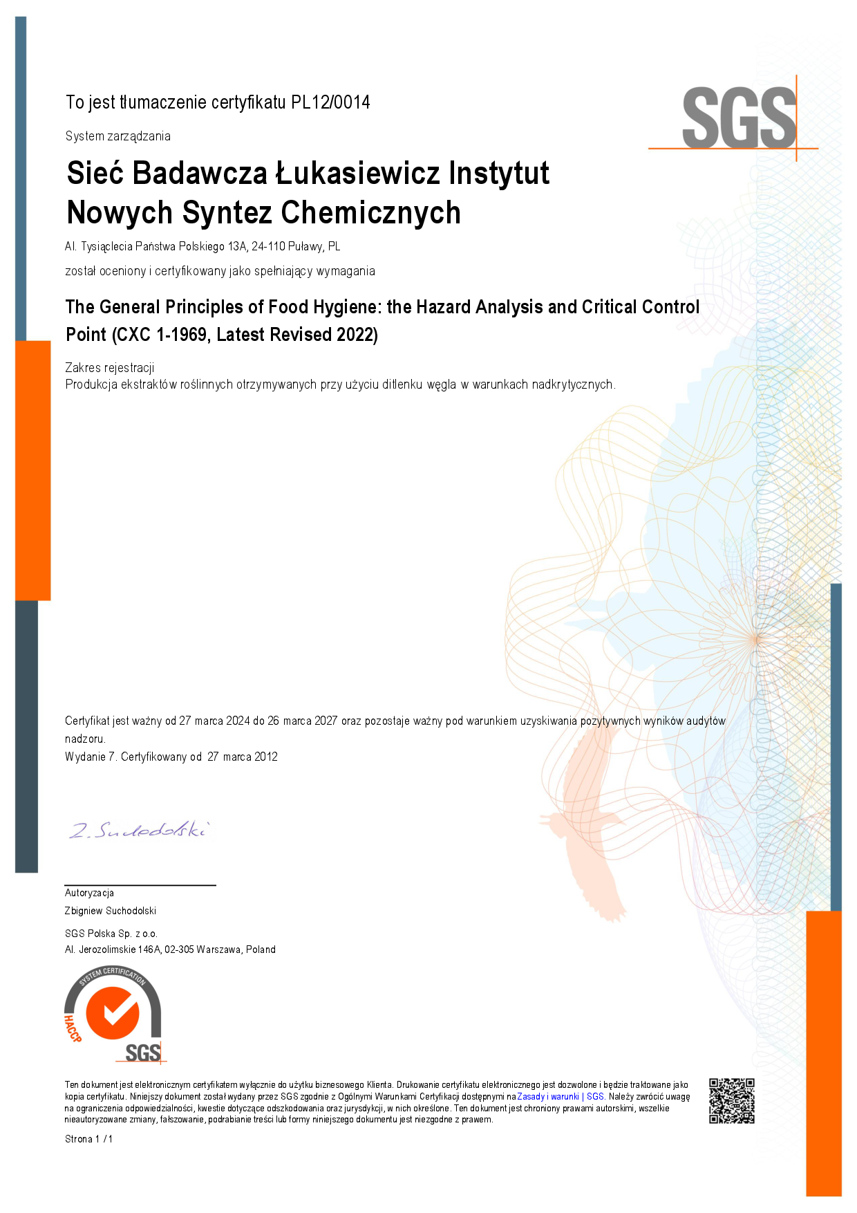 Certyfikat SGS HACCP Codex Alimentarius