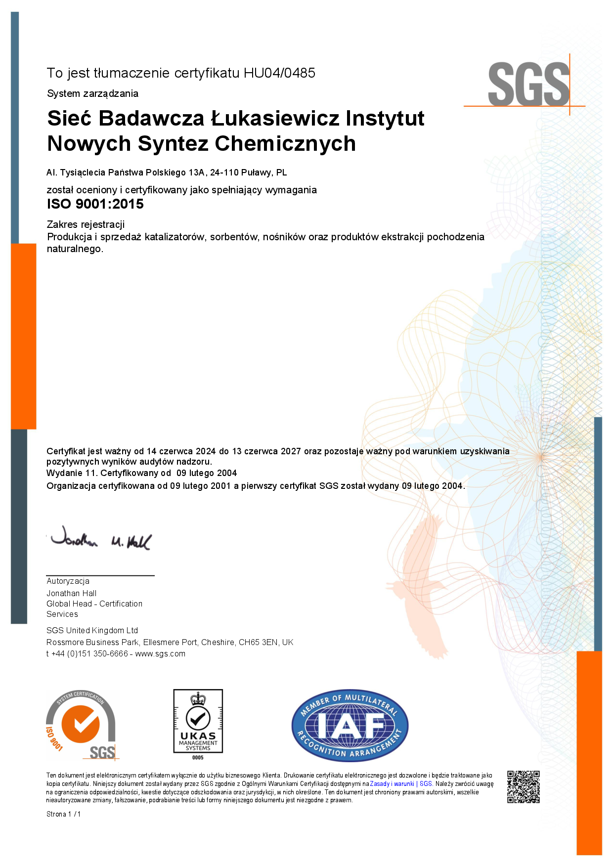 Certyfikat SGS ISO 9001:2015