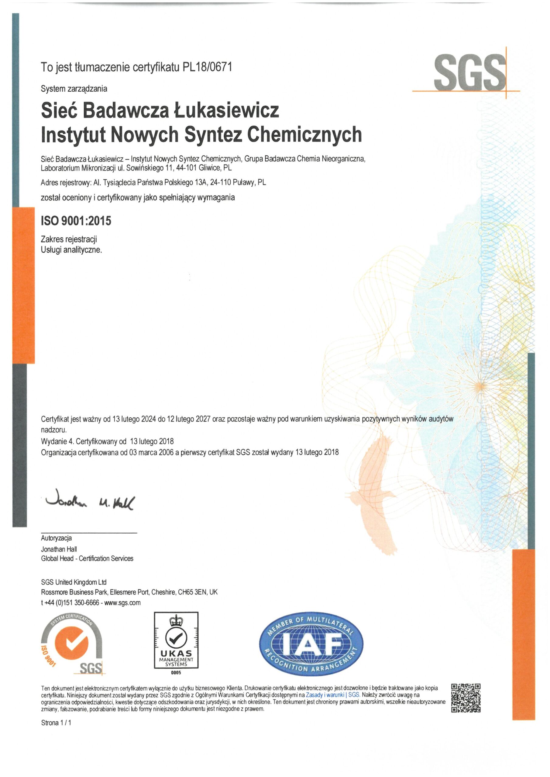 Certyfikat SGS ISO 9001:2015